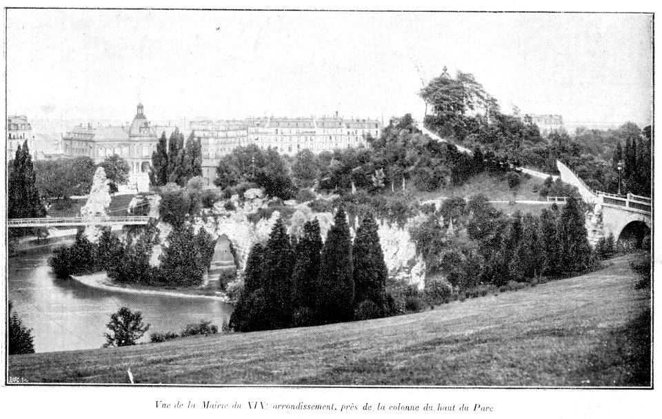 Clément Maurice Paris en plein air, BUC, 1897,105 Vue de la Mairie du XIXe arrondissement, près de la colonne du haut du Parc