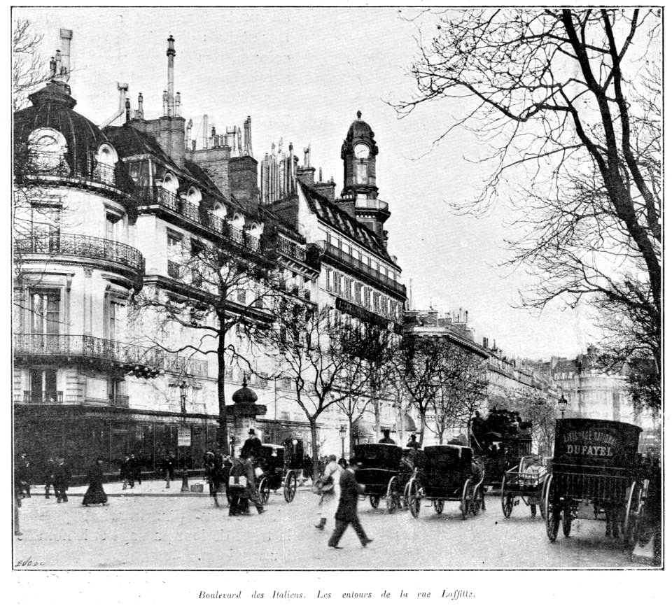 Clément Maurice Paris en plein air, BUC, 1897,145 Boulevard des italiens. Les entours de la rue Laffitte