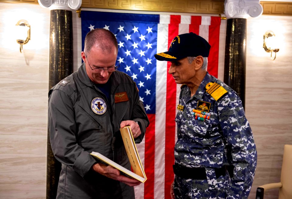 CNO, Indian Chief of Naval Staff Visit USS Carl Vinson (CVN 70) as part of MALABAR 21 211014-N-MD461-1274