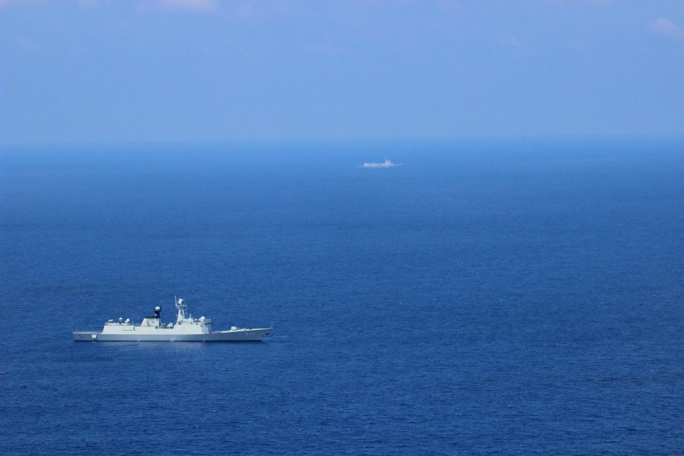 CNS Hengshui (FFG-572) is seen from an MH-60 helicopter assigned to USS Blue Ridge (LCC 19) while conducting flight operations in support of maritime security operations in the South China Sea