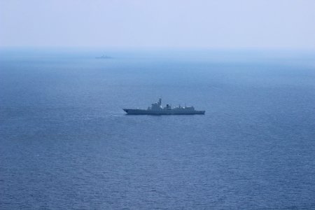 CNS Lanzhou (DDG-170) is seen from an MH-60 helicopter assigned to USS Blue Ridge (LCC 19) while conducting flight operations in support of maritime security operations in the South China Sea