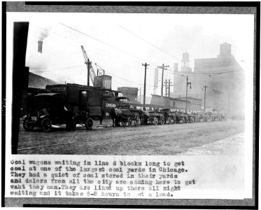 Coal wagons waiting in line 6 blocks long to get coal at one of the largest coal yards in Chicago ... LCCN93502723