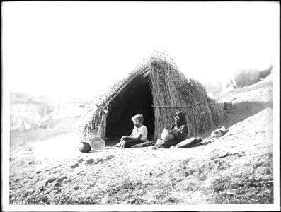 Coahuilla Indian women in front of their kish California, ca.1900 (CHS-4750)