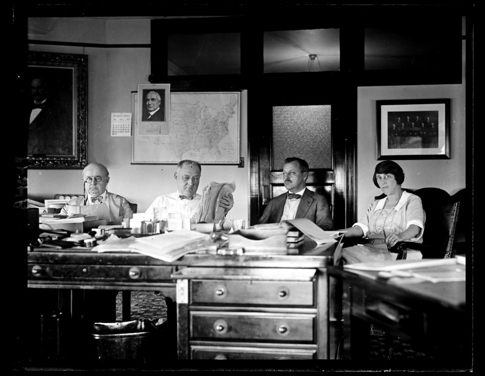 Coal strike brings hundreds of telegrams to Atty. Gen. Daughterty and Asst. Atty. Gen. Guy D. Goff, L. to R.- Asst. Atty. Gen. Goff, Atty. Gen. Daughterty, Warren F. Martin, Special Asst., LCCN2016891564