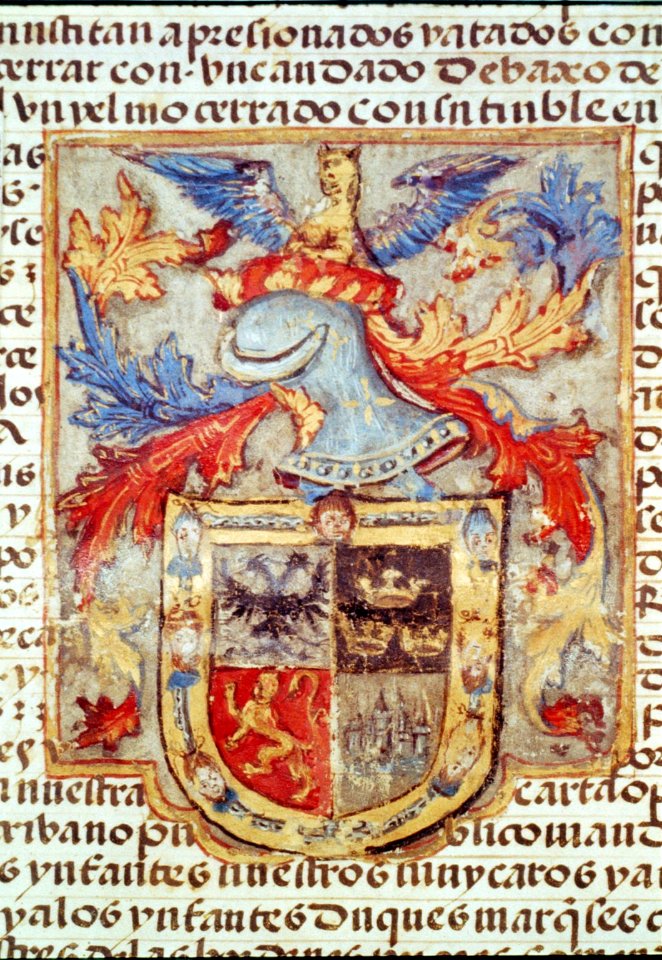 Coat of arms of Hernando Cortes, granted him by Emperor Charles V - Drawing from 5th sheet of grant LCCN2002718859