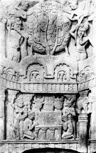 Bharhut relief with Diamond throne and Mahabodhi Temple around the Boddhi Tree photo