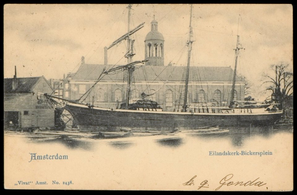 Bickersplein met een driemastklipper in de Eilandsgracht. Uitgave Vivat, Amsterdam, Afb PBKD00117000002