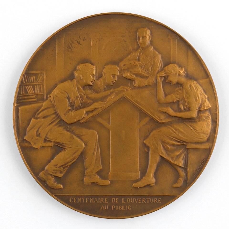 Bibliothèque Royale de Belgique Centenaire de l'Ouverture au Public 1840-1940, medal by Pierre Theunis, Belgium, (1940), Coins and Medals Department of the Royal Library of Belgium, 2N175 - 14 (recto)