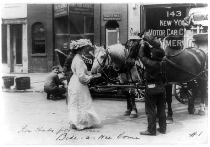 Bide-A-Wee Home for Animals, New York, N.Y.- man putting sun hat on horse and woman holding another hat LCCN2002717987
