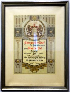 Biel Pelze, Ehrenmeister-Brief Martin Biel 1938