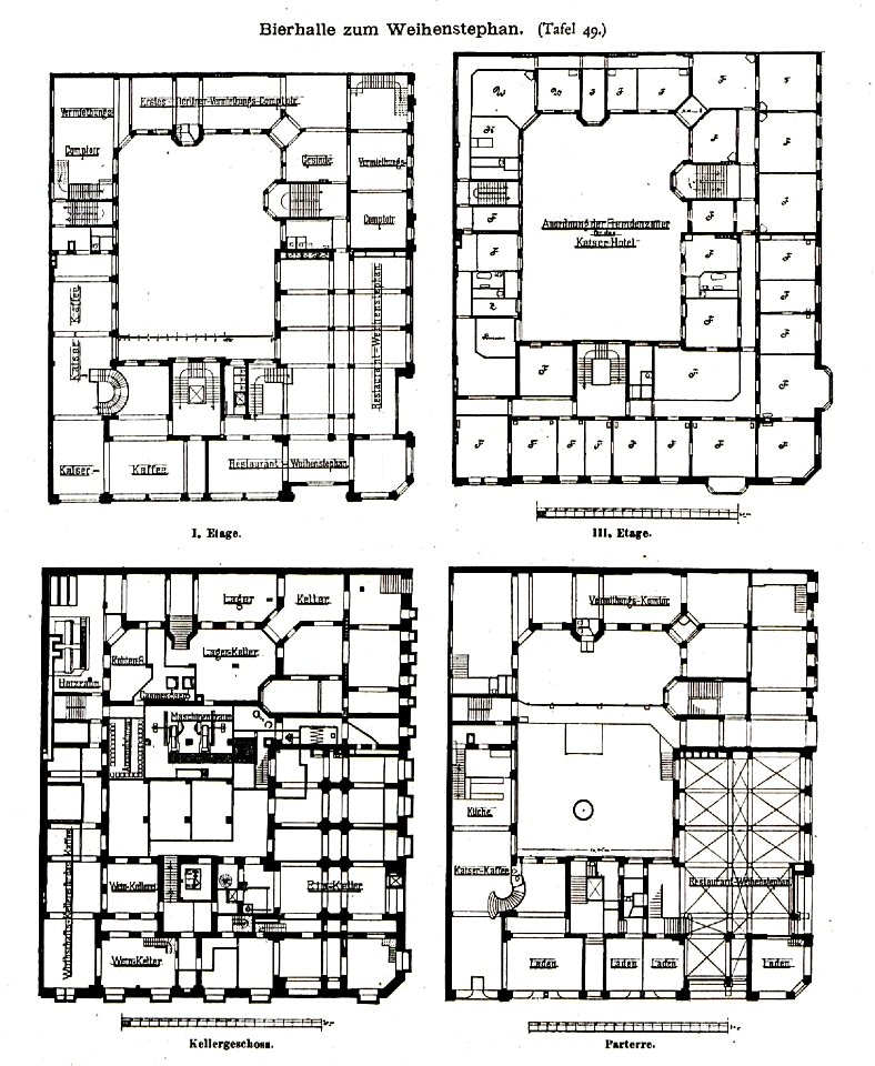 Bierhalle zum Weihenstephan, Friedrichstrasse 176, Berlin, Architekt Baumeister R. Schönner Berlin, Mitarbeiter Architekt Walther Sippel, Tafel 49, Kick Jahrgang II,Grundriss