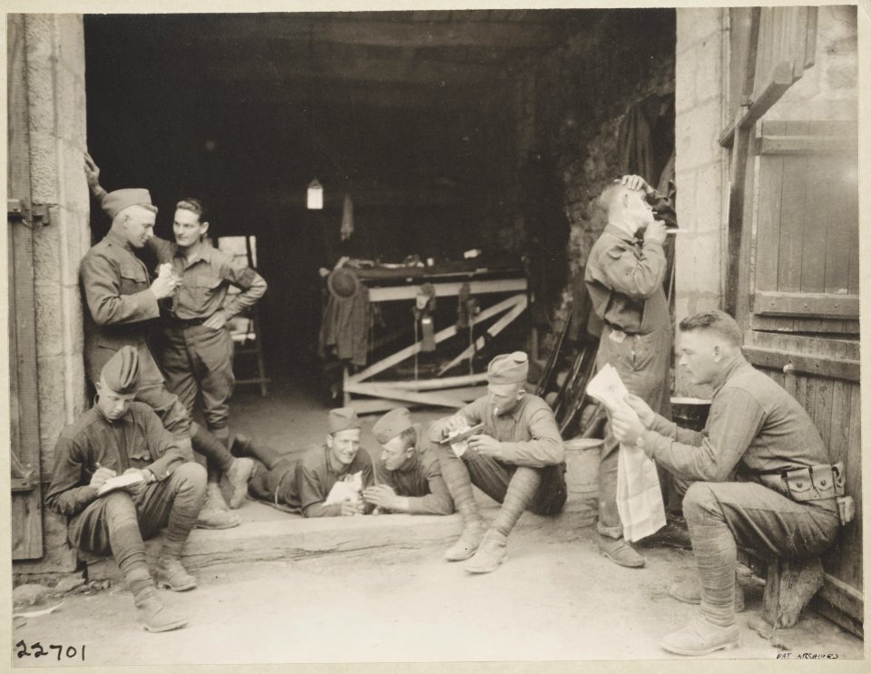 Billet of Company B, Three Hundred and Sixteenth Military Police, Ninety-first Division. Left to right- Corpl. Jack Vosburgh, Pvts. Napoleon J. Bardwanes, A. Schled, V.R. Hickeschler, P.J. LCCN2013649100