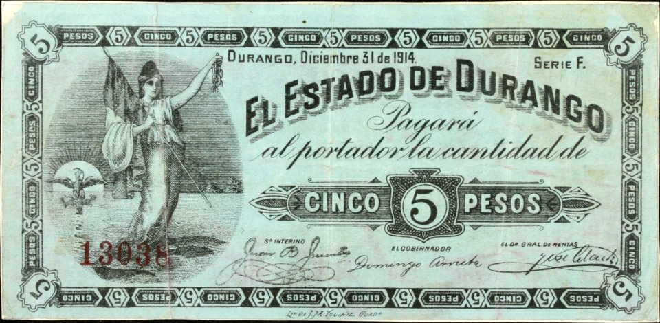 Billete de cinco pesos. Estado de Durango