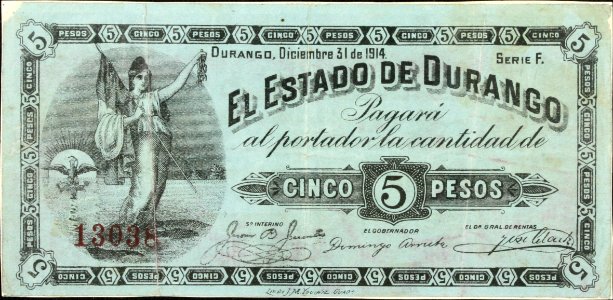Billete de cinco pesos. Estado de Durango