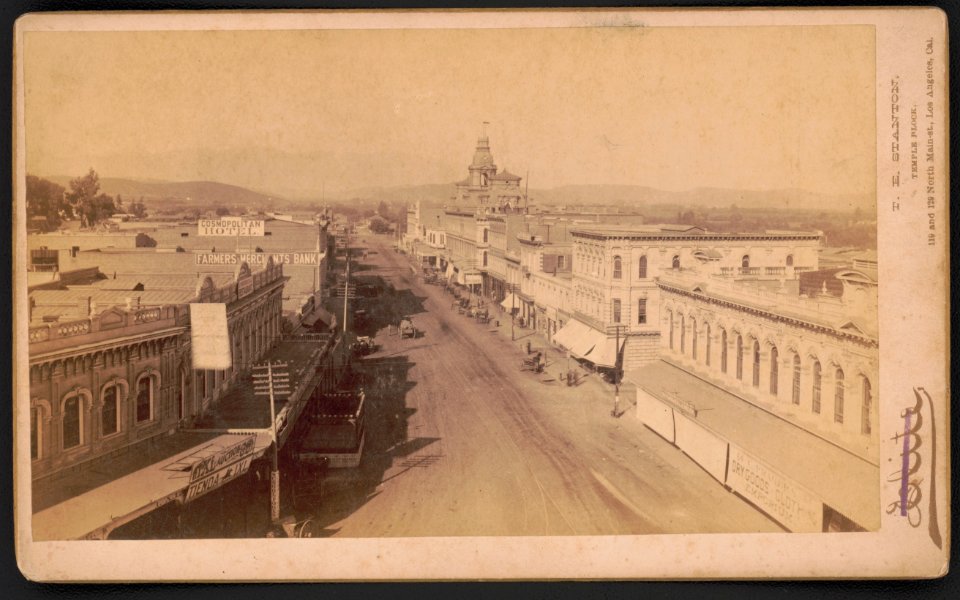 Bird's-eye view of Main Street from Temple Block in Los Angeles, California) - T.E. Stanton, Temple Block, 119 and 129 North Main St., Los Angeles, Cal LCCN2015651514