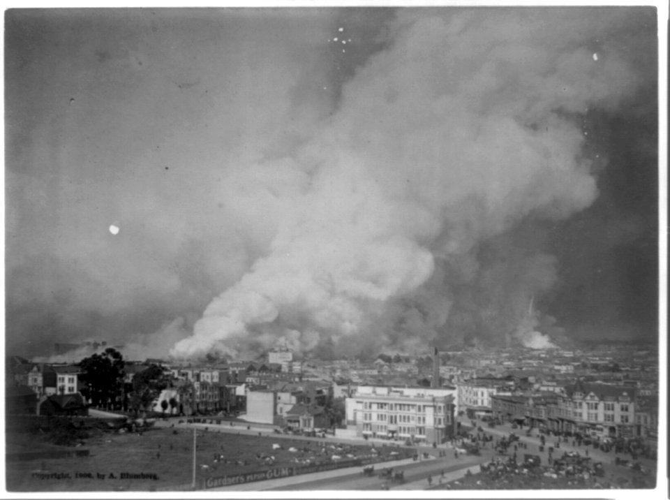 Bird's-eye view of smoldering downtown section during the San Francisco earthquake and fire LCCN96510316
