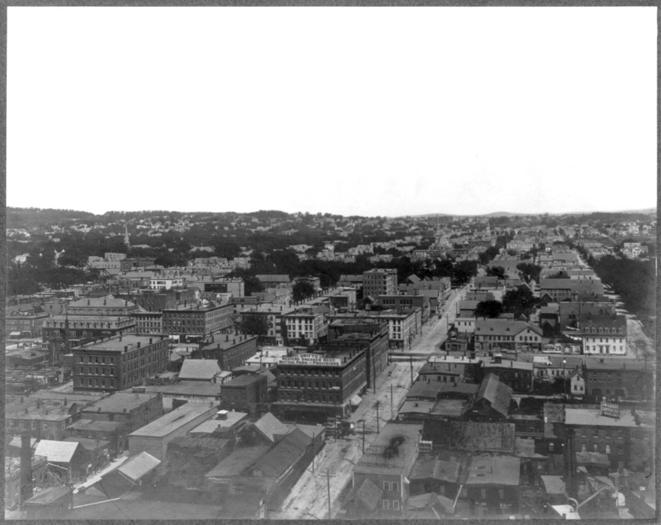 Bird's-eye view of industrial section of Manchester, New Hampshire. Lumber yard in foreground; swift plant in center LCCN2003663458
