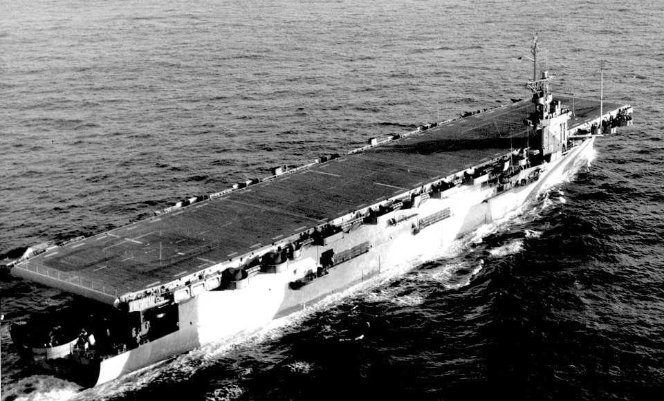 Birds Eye Shot of the USS Shamrock Bay (CVE-84) underway off the East Coast 26 October 1944