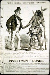 Birds of a feather (cartoon showing Eastern bravo man, with 4 pistols sticking out of his pockets, shaking hands with Western bravo (an Indian, who has rifle, spear, knife and tomahawk)) LCCN2001696525