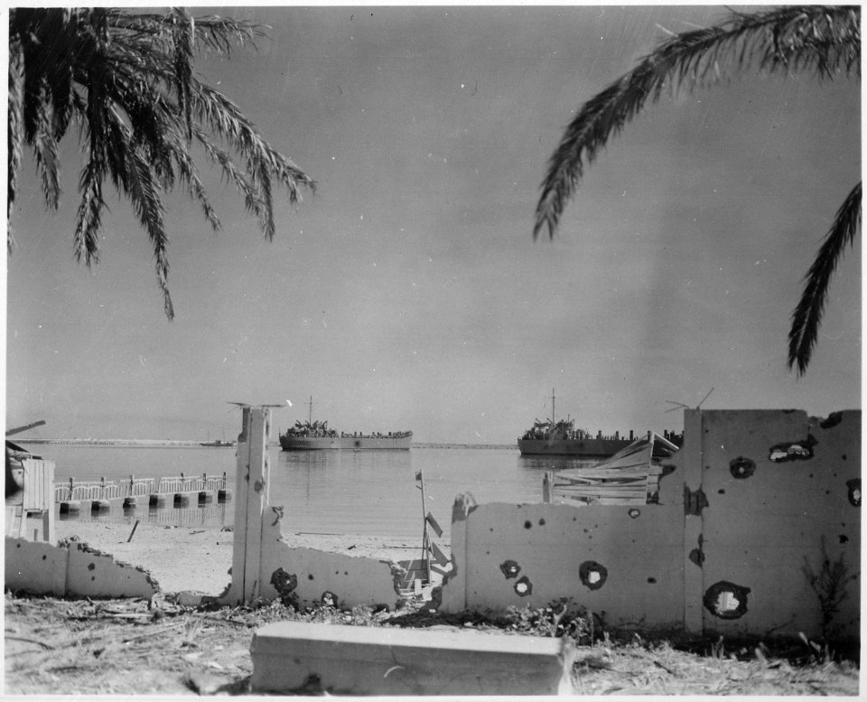 Bizerte Harbour. These ships were the first to enter Bizerte in May of 1943. Tunisia. - NARA - 540072