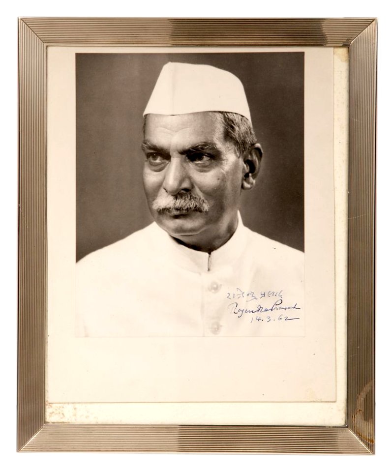 Black and white portrait photograph of Rajendra Prasad presented to President Kennedy