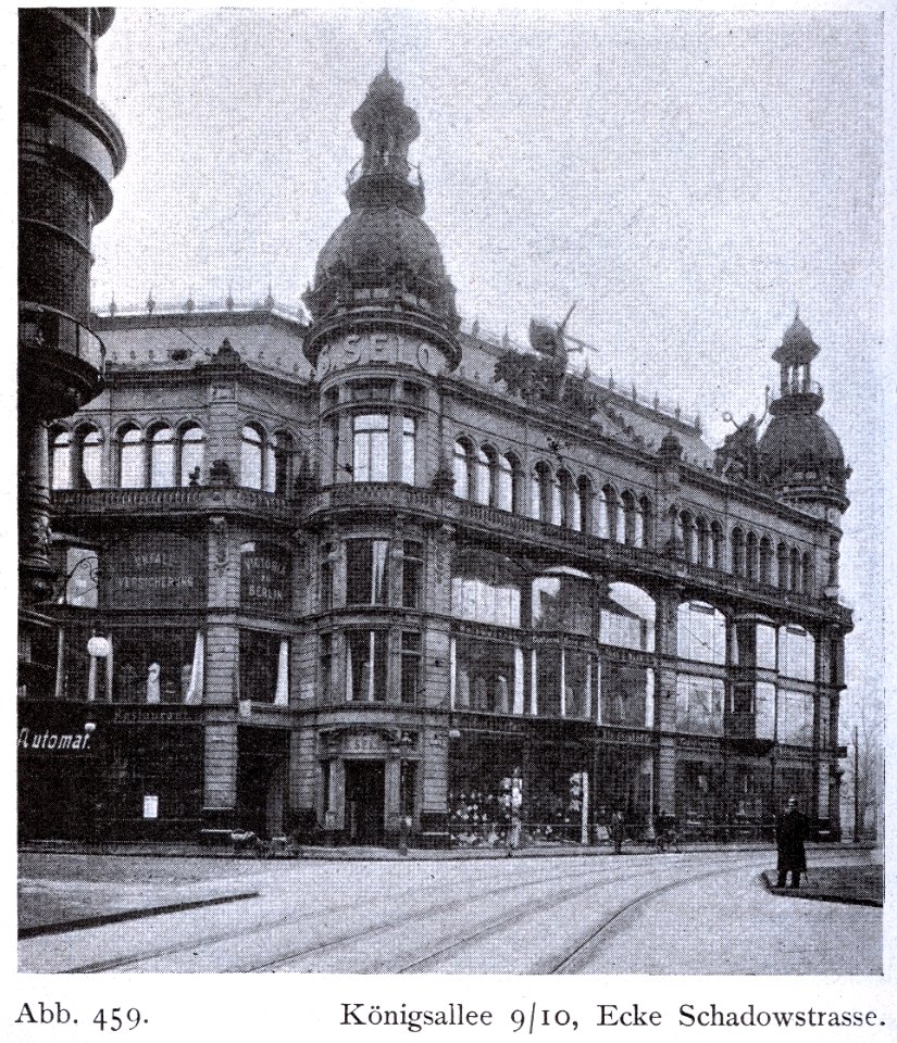 Café Cornelius Geschäftshaus Königsallee 9 bis 10 Ecke Schadowstraße und Blumenstraße in Düsseldorf, erbaut 1896 bis 1897, Architekten Klein & Dörschel