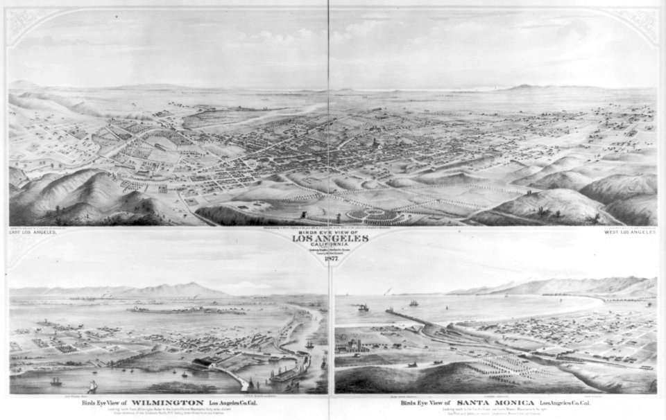 Cal. - Los Angeles County- bird's-eye views of Los Angeles, looking toward ocean; Wilmington, looking toward Sierra Madres; and Santa Monica, looking South to ocean and Santa Monica Mts. LCCN2006688559