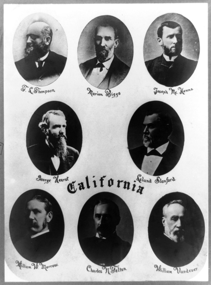 California delegates to 50th Congress; head-and-shoulders portraits of T.L. Thompson, Marion Biggs, Joseph McKenna, George Hearst, Leland Stanford, William W. Morrow, Charles N. Felton, and LCCN93513947