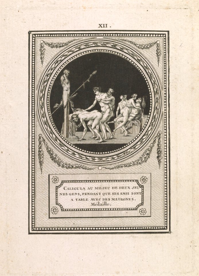 Caligula au milieu de deux jeunes gens, pendant que ses amis sont a table avec des matrones Medaille. LCCN2013650377