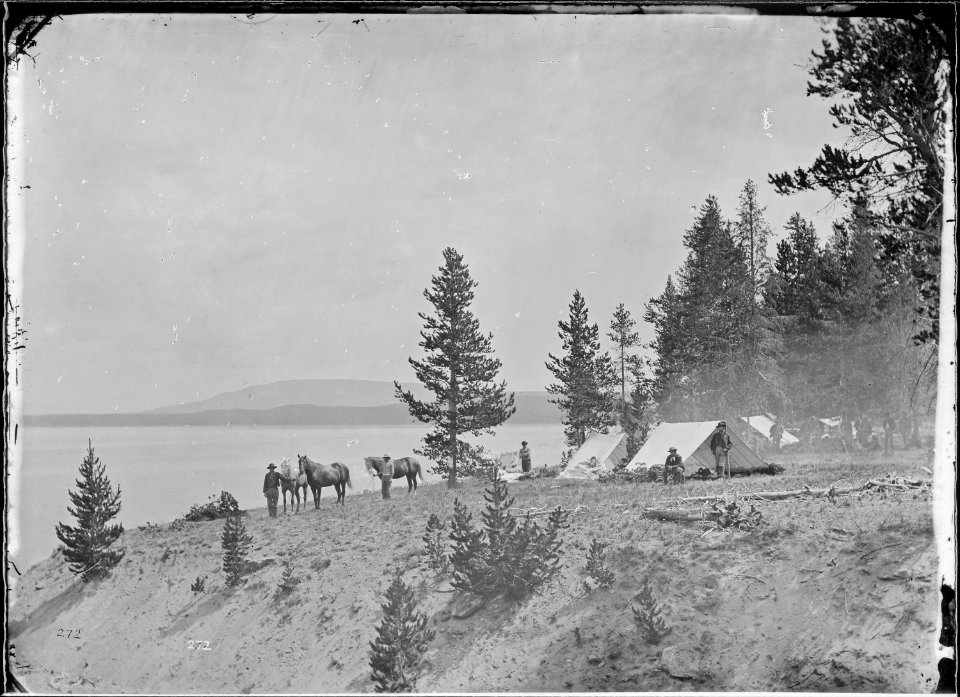 Camp of the Survey and their escort, upon the southwest arm of Yellowstone Lake. - NARA - 516710