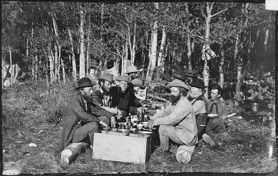 Camp study. Hayden, Stevenson, Holman, Jones, Gardner, Whitney and Holmes. The party that made the first ascent of... - NARA - 517094