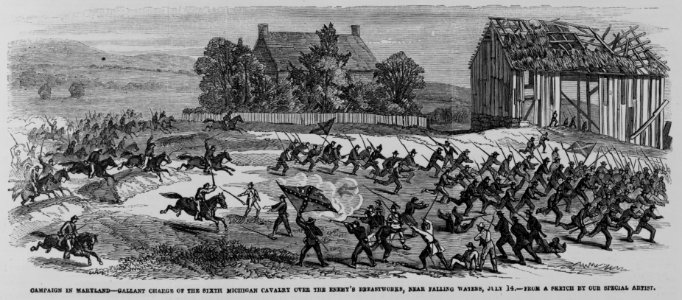 Campaign in Maryland - Gallant charge of the Sixth Michigan Cavalry over the enemy's breastworks, near Falling Waters, July 14 - from a sketch by our special artist. LCCN00652831