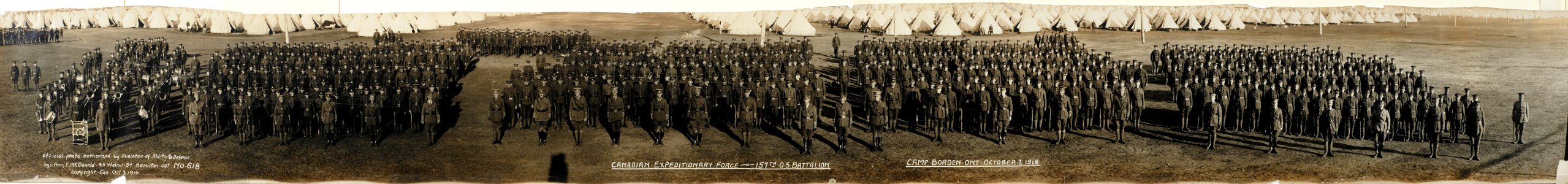 Canadian Expeditionary Force, 157th O.S. Battalion, Camp Borden, October 2, 1916. No. 618 (HS85-10-32565)