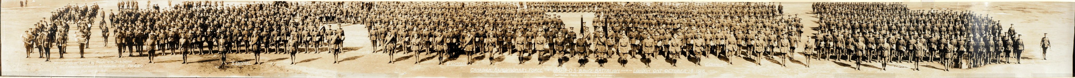 Canadian Expeditionary Force, 160th O.S. Bruce Battalion, London, Ontario, October 14, 1916. (Battalion ready to move off for overseas.) Companies 'A', 'B', 'C', 'D'. No. 629 (HS85-10-32567)