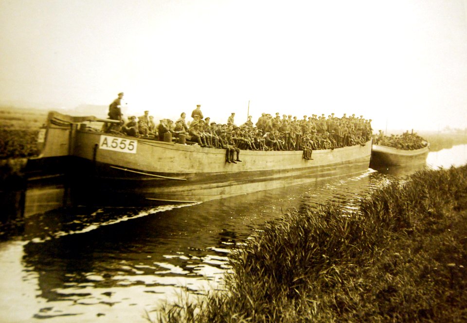 Canal barges carrying British troops to battle in the Western Front in France, WWI (28602366026)