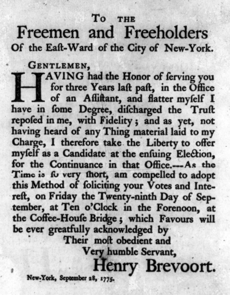 Candidacy announcement of Henry Brevoort, 1775 LCCN2002705580