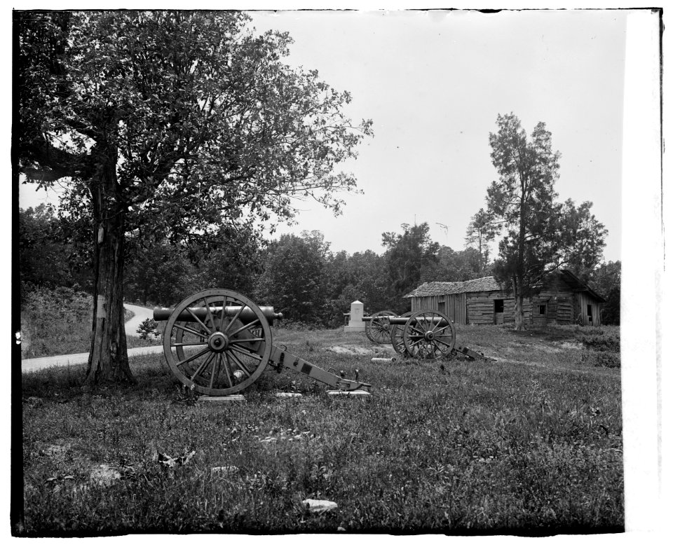 Cannons, monument, and cabin at Chickamauga and Chattanooga National Military Park LOC npcc.00041