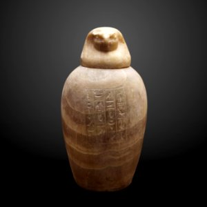 Canopic jar of Uahibre with falcon plug-MAHG 022007 a b-IMG 1801-gradient