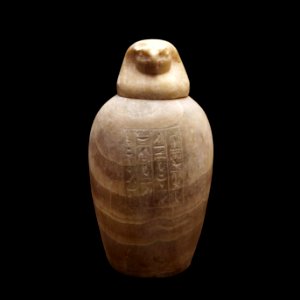 Canopic jar of Uahibre with falcon plug-MAHG 022007 a b-IMG 1801-black