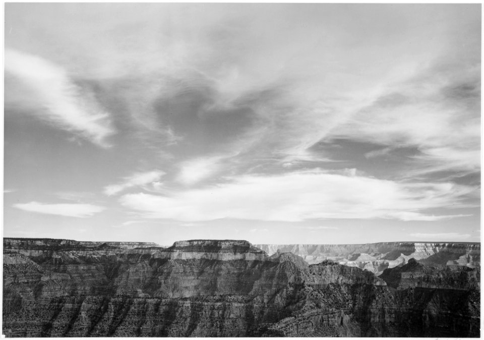 Canyon edge, low horizon, clouded sky, Grand Canyon National Park, Arizona., 1933 - 1942 - NARA - 519900