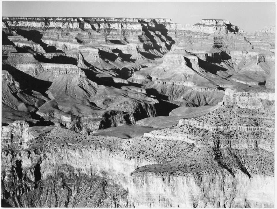Canyon with ravine winding through center, high horizon, Grand Canyon National Park, Arizona., 1933 - 1942 - NARA - 519892