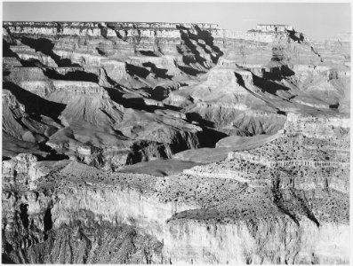 Canyon with ravine winding through center, high horizon, Grand Canyon National Park, Arizona., 1933 - 1942 - NARA - 519892