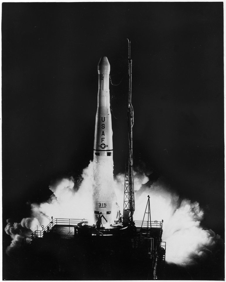 Cape Canaveral, Florida...The actual firing of the THOR-ABLE STAR ROCKET that projected the TRANSIT IV-A satellite... - NARA - 542145