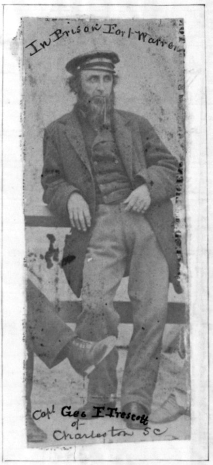 Capt. George F. Frescott, full lgth., standing, facing right, in prison at Fort Warren, Boston, Mass. LCCN2006690282