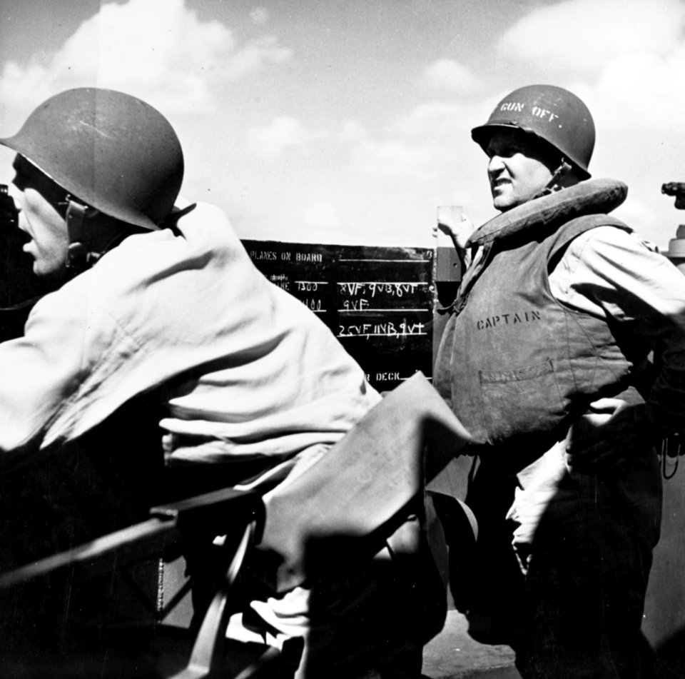Captain Dixie Kiefer aboard USS Ticonderoga (CV-14) on 5 November 1944 (80-G-469523)