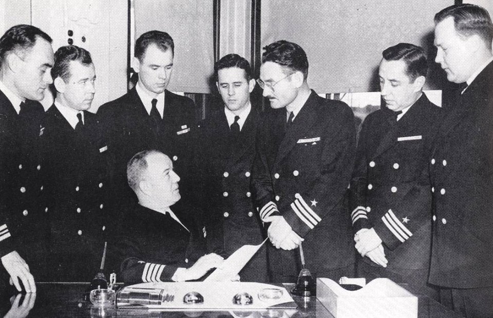 Captain Steinhagen and department heads of USS Dayton (CL-105), in 1945