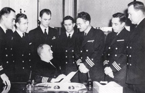 Captain Steinhagen and department heads of USS Dayton (CL-105), in 1945