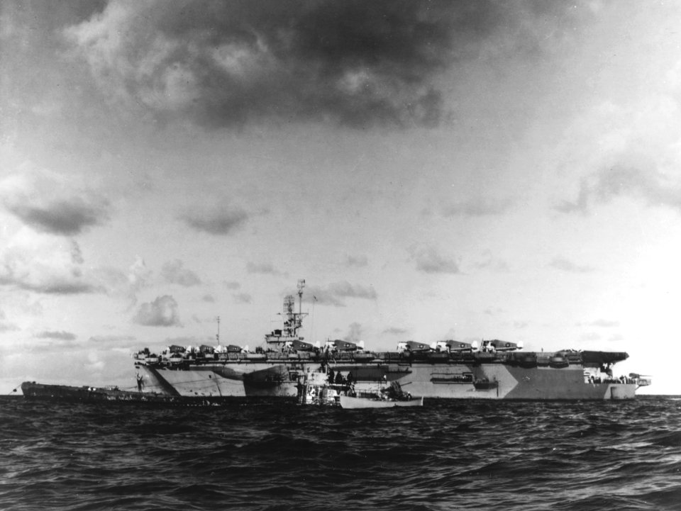 Captured German submarine U-505 lies near USS Guadalcanal (CVE-60) on 4 June 1944 (80-G-49170)