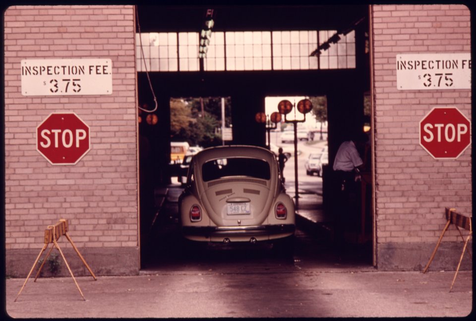 Car Has Just Entered the Safety Lane at an Auto Emission Inspection Station in Downtown Cincinnati, Ohio 09-1975 (4265786643)