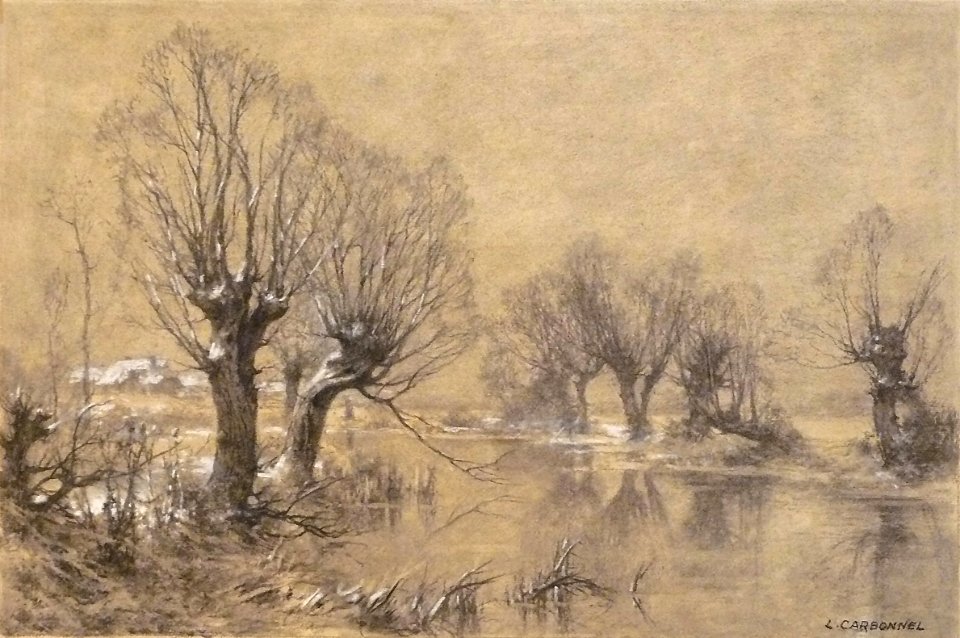 Carbonnel L. - Charcoal and chalk - Vue hivernale aux environs de Seurre (II) - 47x63cm